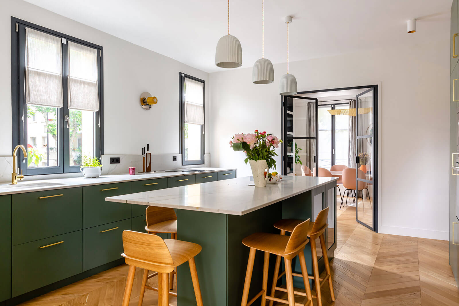 Green herringbone parquet kitchen