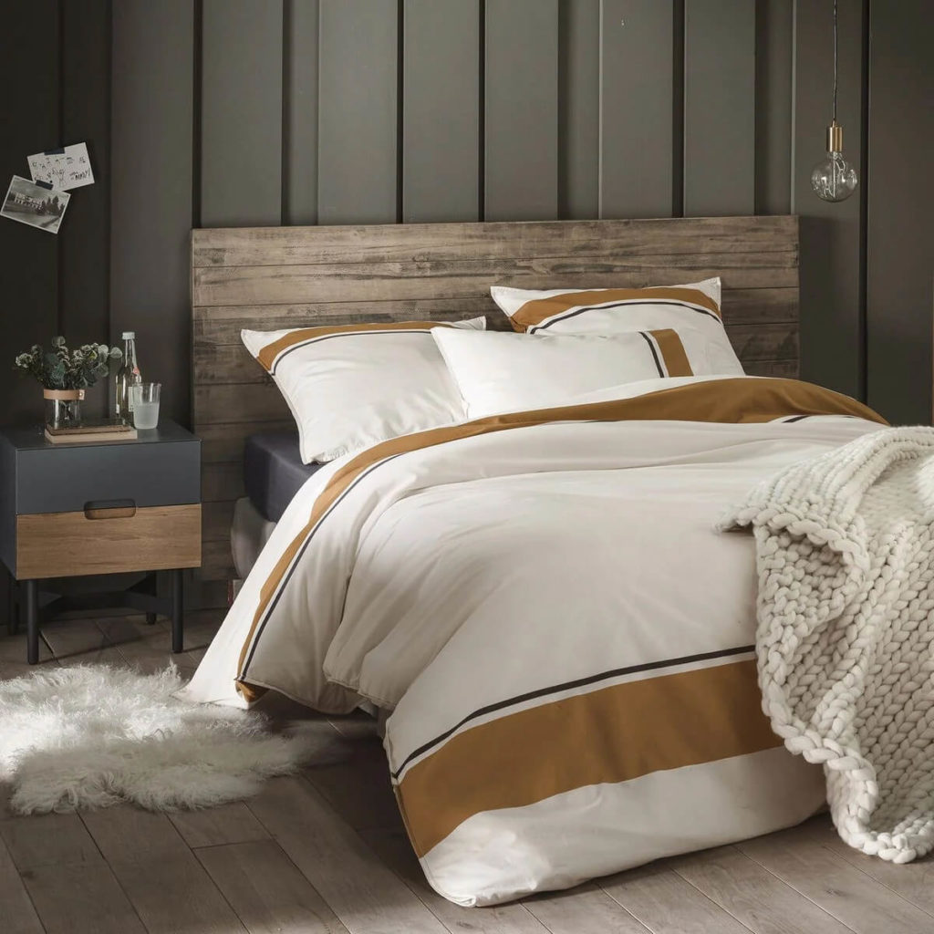 Tête de lit en bois brut chambre masculine